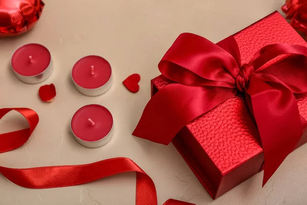 Composition Candles Gift Box Color Background Closeup Valentine Day Celebration — Fotografia de Stock