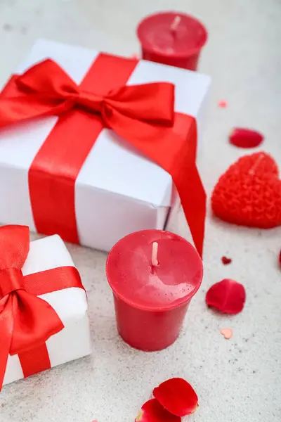 Gift Boxes Candles Rose Petals Light Background Closeup Valentine Day — Stock Photo, Image