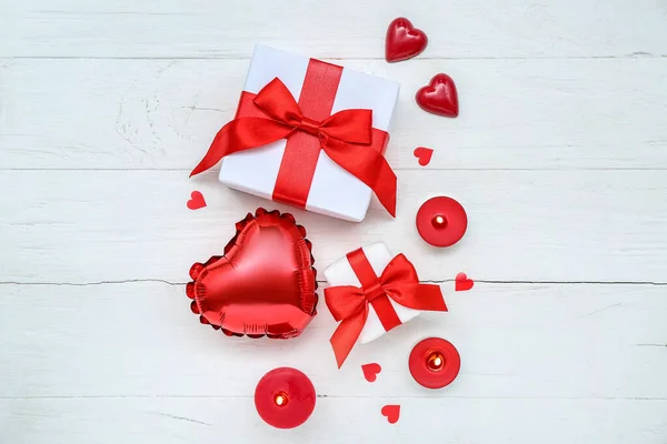 Composition Burning Candles Gift Boxes Balloon Light Wooden Background Valentine — Stock Photo, Image