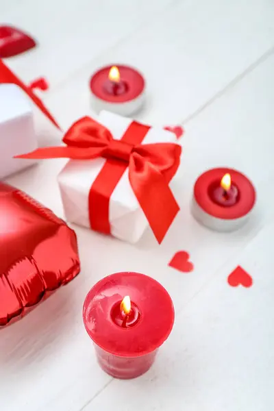 Burning Candles Gift Boxes Light Wooden Background Valentine Day Celebration — Fotografia de Stock