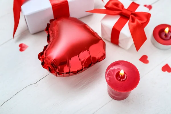 Burning Candles Balloon Gift Boxes Closeup Valentine Day Celebration — Fotografia de Stock