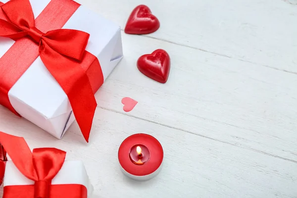 Burning Candle Gift Boxes Light Wooden Background Valentine Day Celebration — Fotografia de Stock