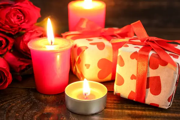 Burning Candles Gift Boxes Wooden Background Closeup Valentine Day Celebration — Foto de Stock