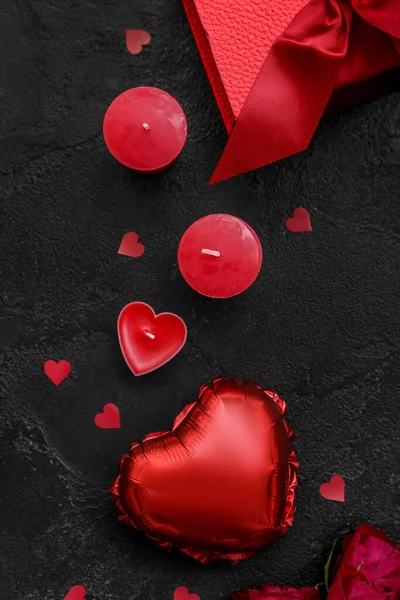 Composition Candles Balloon Gift Box Dark Background Closeup Valentine Day — Stockfoto