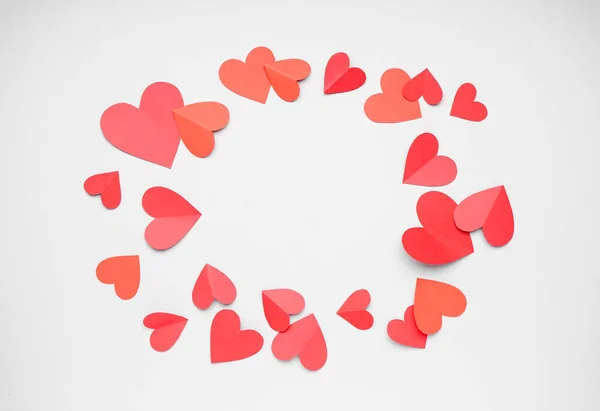 Frame Made Red Paper Hearts Light Background Valentines Day Celebration — Fotografia de Stock