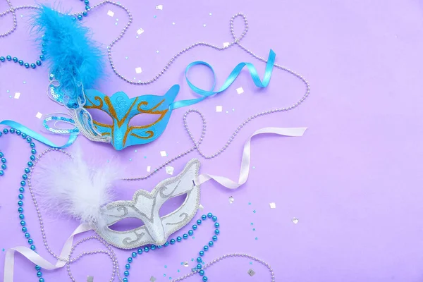 Carnival Masks Beads Confetti Lilac Background — Stock Photo, Image