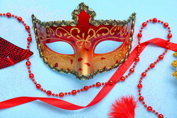 Carnival Mask Beads Blue Background — Stock Photo, Image