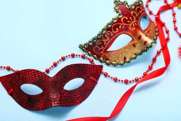 Carnival Masks Beads Blue Background — Stock Photo, Image