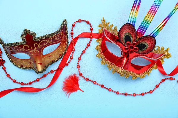 Carnival Masks Beads Blue Background — Stock Photo, Image