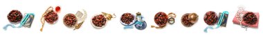 Collage of dates with Muslim lamps, Quran and tasbihs on white background