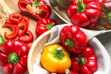 Fresh bell peppers on table, closeup
