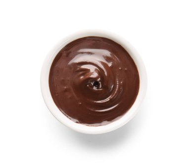 Bowl of delicious chocolate pudding isolated on white background