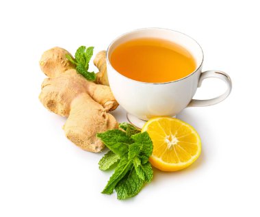 Fresh ginger roots, lemon and cup of tea isolated on white background