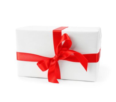 Gift box with red satin ribbon isolated on white background. Valentine's Day celebration