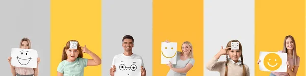 Collage Happy People Drawn Smiles Paper Sheets Light Yellow Backgrounds — Photo