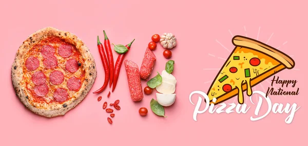 Delicious pizza and ingredients on pink background. Banner for National Pizza Day
