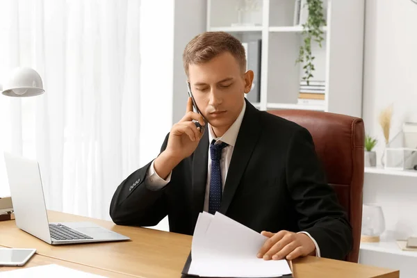 Handsome Businessman Talking Mobile Phone Desk Office — 스톡 사진