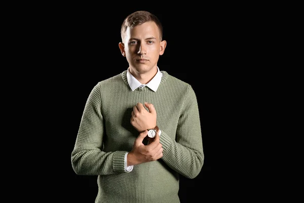 Young Businessman Wristwatch Black Background — Φωτογραφία Αρχείου