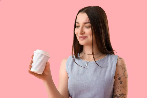 Young Woman Takeaway Cup Coffee Pink Background — Foto Stock