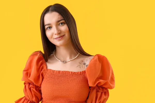 Young Woman Stylish Blouse Yellow Background — Foto Stock