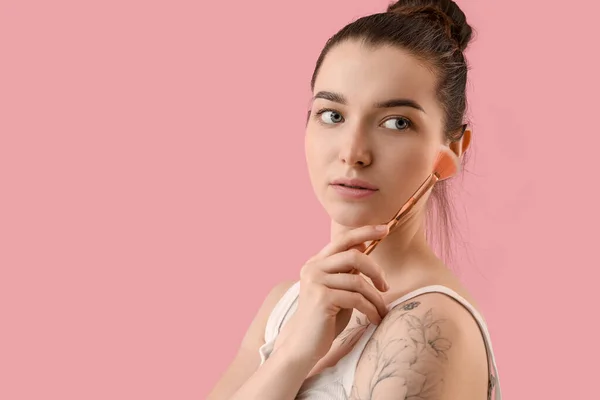 Young Woman Makeup Brush Pink Background Closeup — Foto Stock