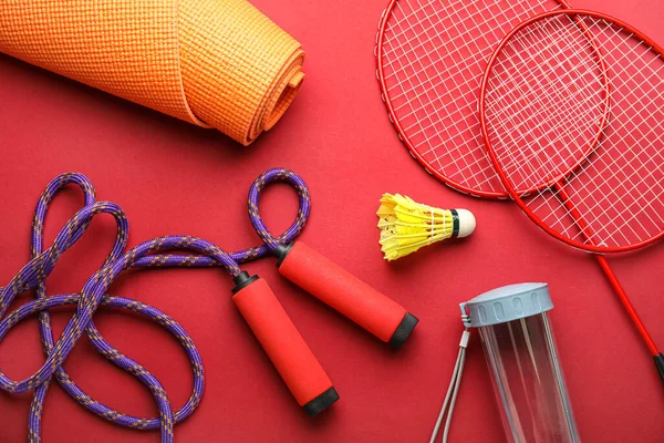 Skipping Rope Sports Equipment Bottle Red Background — Stock Photo, Image