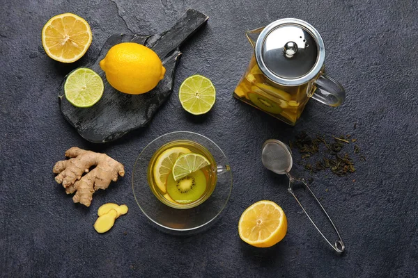 Glass Cup Fruit Tea Kiwi Lemon Lime Ginger Board Teapot —  Fotos de Stock