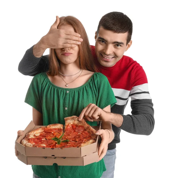 Young Couple Box Tasty Pizza White Background — Stock Photo, Image