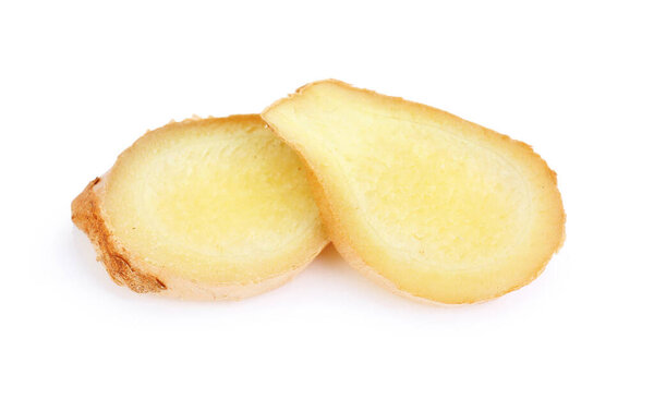 Fresh ginger slices isolated on white background