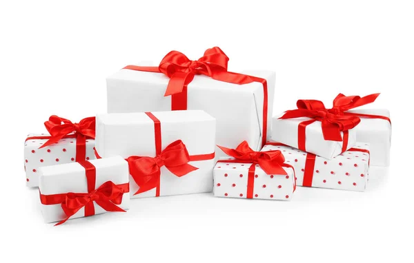 Коробки Подарунків Гарними Луками Ізольованими Білому Тлі День Святого Валентина — стокове фото