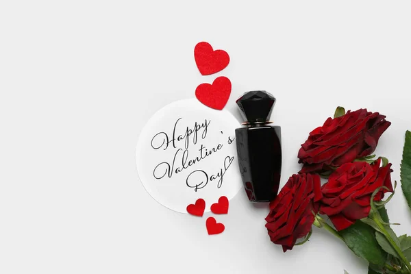 Card Text Happy Valentine Day Perfume Hearts Roses White Background — Photo