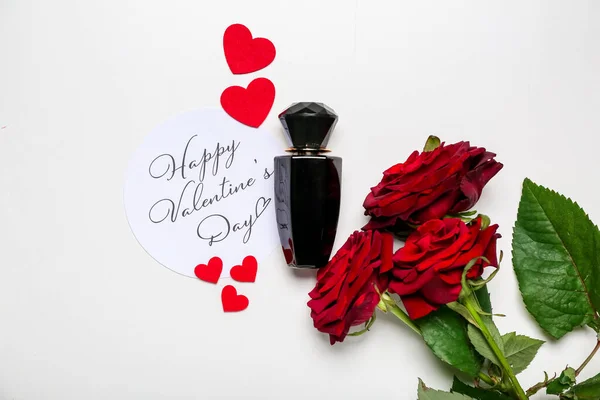 Card Text Happy Valentine Day Perfume Hearts Roses White Background — Photo