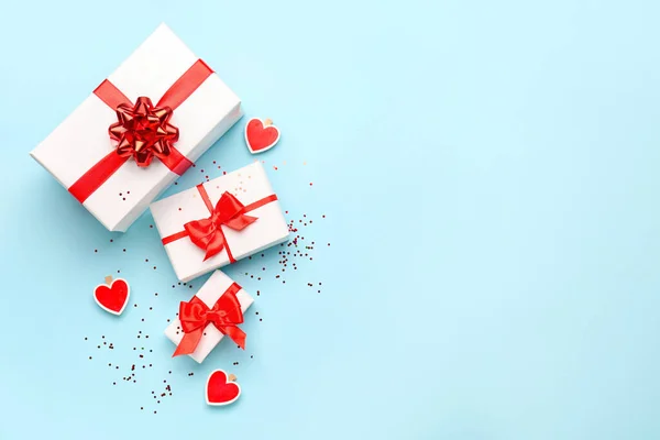 Gift Boxes Beautiful Bows Paper Hearts Blue Background Valentine Day — Stock Photo, Image