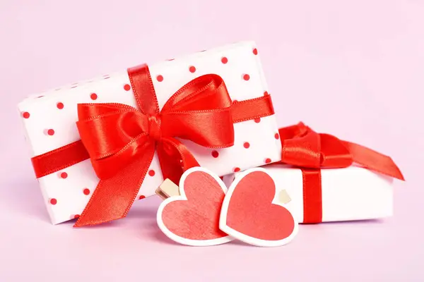 Gift Boxes Beautiful Bows Hearts Pink Background Valentine Day Celebration — Stock Photo, Image