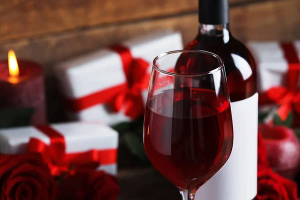 Glass Wine Bottle Wooden Background Valentine Day Celebration — Stock Photo, Image