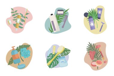 Collection of accessories for personal hygiene on white background