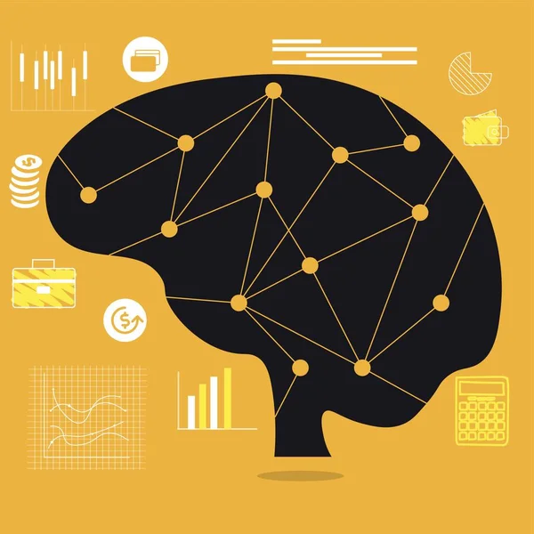 Human brain with business items on yellow background