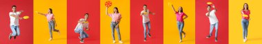 Set of young people playing frisbee on color background