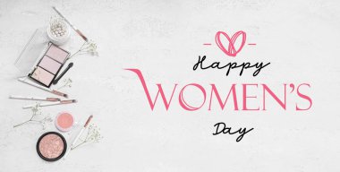 Greeting card for International Women's Day celebration with makeup cosmetics