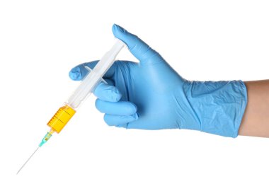 Female doctor with medical syringe on white background