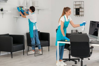 Female janitor cleaning computer screen in office