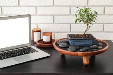 Stand with Bonsai tree, spa stones, candles and laptop on table near white brick wall
