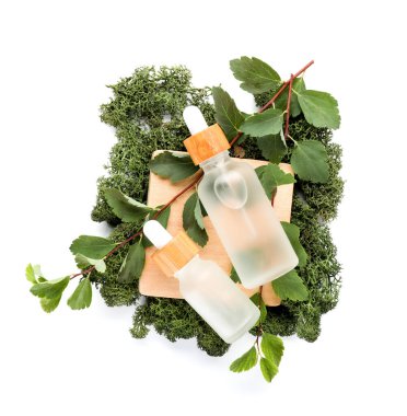 Cosmetic dropper bottles with green moss, plant branches and stand on white background