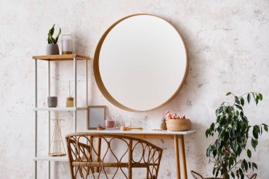 Interior of stylish makeup room with table, mirror and shelving unit