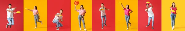 Set Young People Playing Frisbee Color Background — Photo