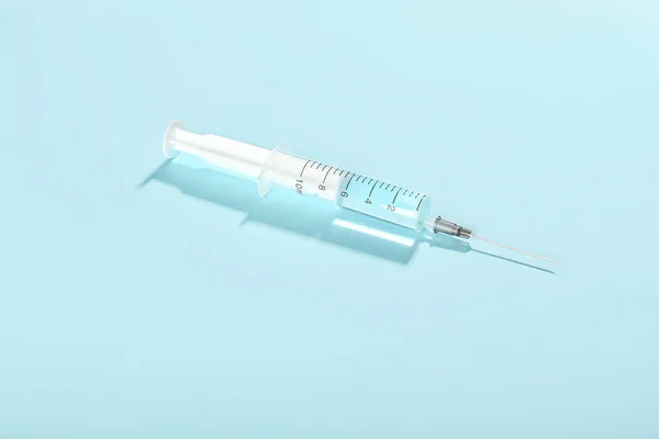 Medical Syringe Remedy Blue Background — Stock Photo, Image