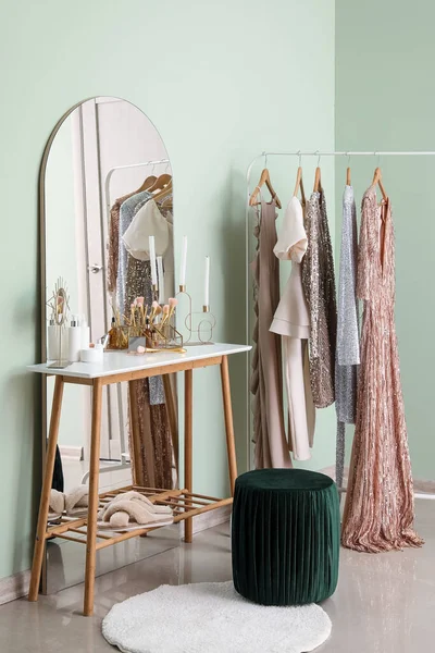 Interior Stylish Makeup Room Table Mirrors Clothes — Stock Photo, Image