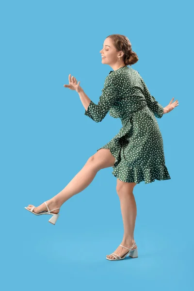 Young Woman Dress Dancing Blue Background — Stock Photo, Image