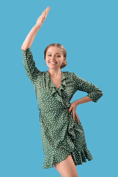 Young Woman Dress Dancing Blue Background — Stock Photo, Image