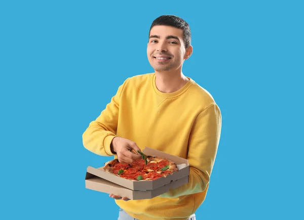 Young Man Box Tasty Pizza Blue Background — Stock Photo, Image